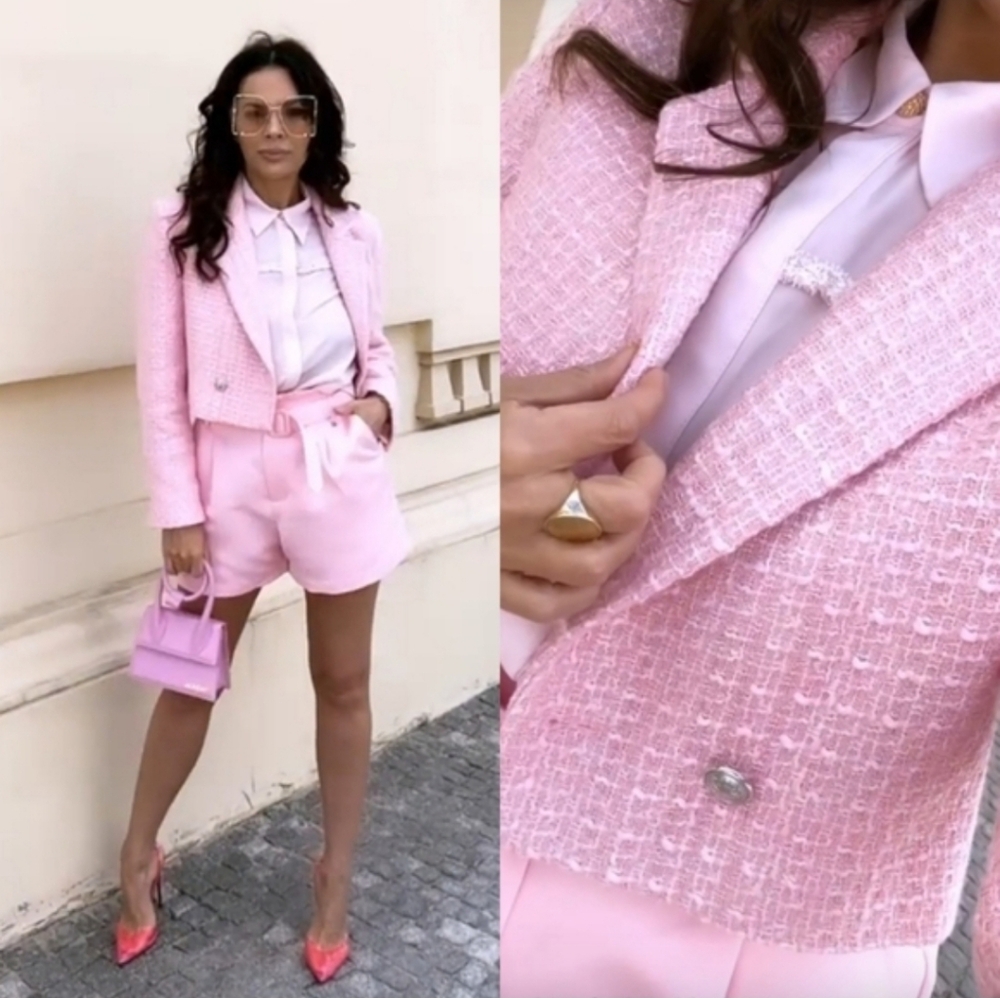 Zara Tweed Textured Cropped Blazer Pink Size XS - Picture 6 of 16